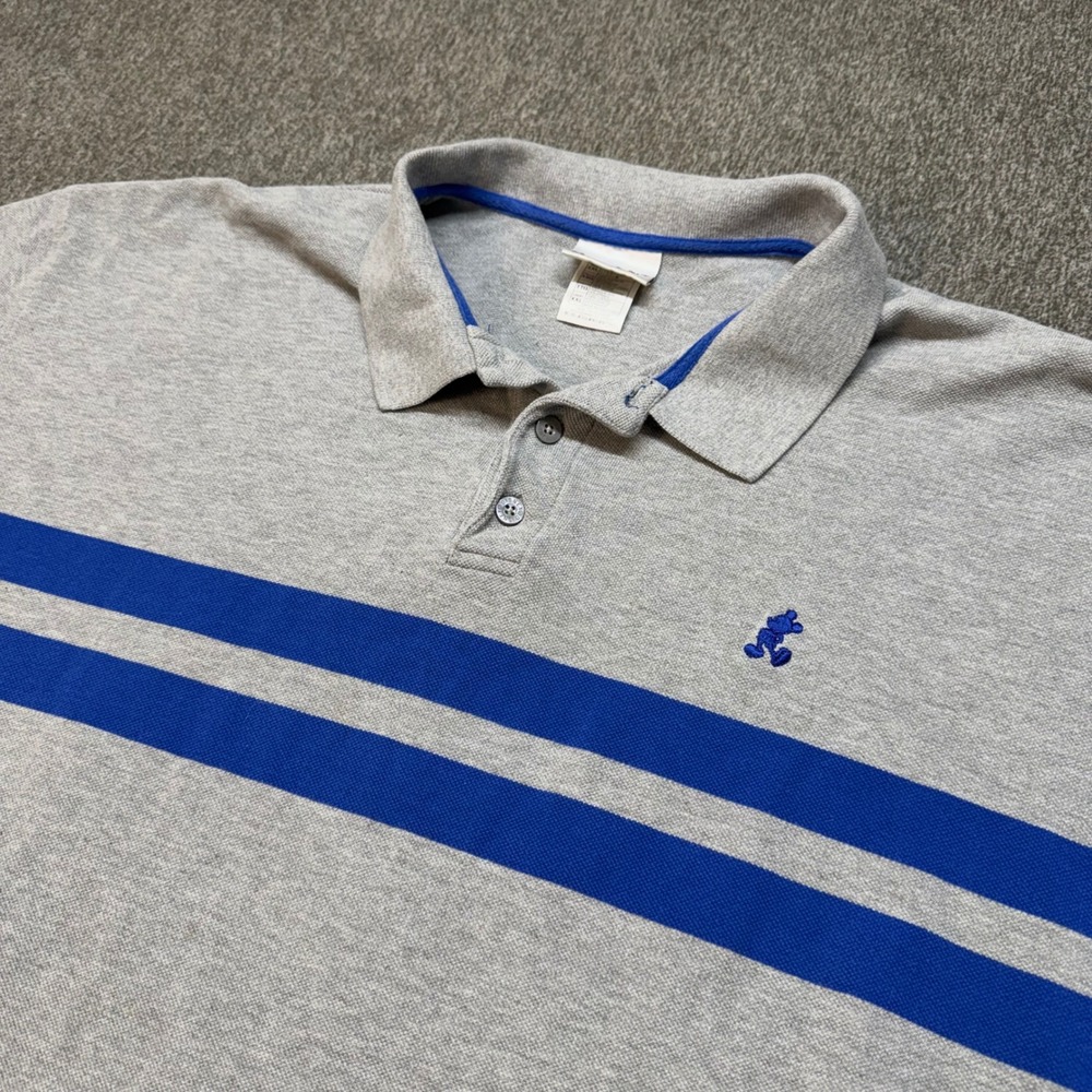 Walt Disney World Mens XXL Polo Shirt Gray Blue Striped Mickey Mouse Cotton